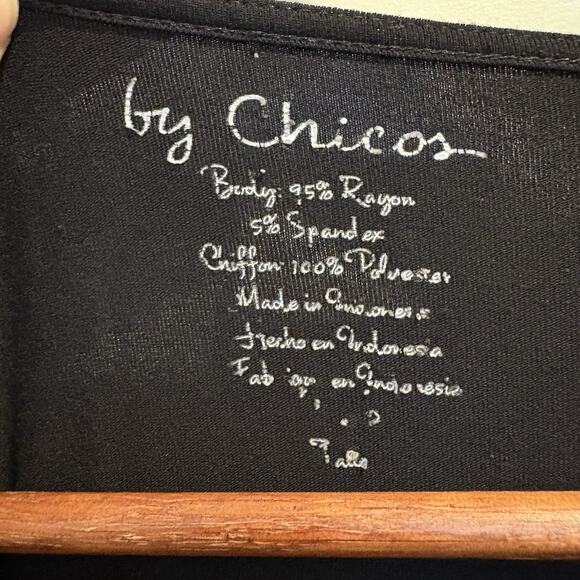 Chico’s Tunic Top Women Large (2) Black Ruffle Tiered Chiffon Elastic Waist - Picture 2 of 13